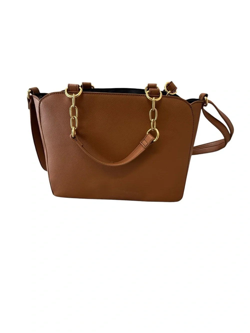 Tommy Hilfiger Cognac Faux Leather Satchel with Gold Hardware